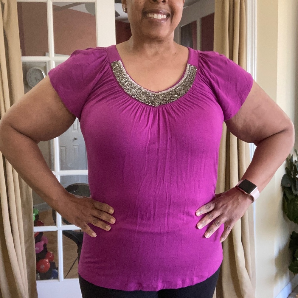 APT.9 Top with Beaded Neckline, purple, size L